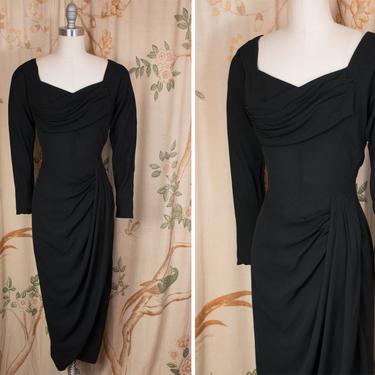 1950s Dress - Rare Complex 50s Draped Dorothy O'Hara Cocktail Dress with Crossed Bodice and Side Drape 