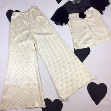 1970's fluttery sheer satin disco evening pants suit set 70's matching silky polka dot illusion co-ord party jumpsuit outfit / size M L 