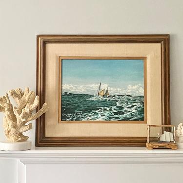 Vintage Seascape Oil Painting Original Signed Clipper Ship at Sea 