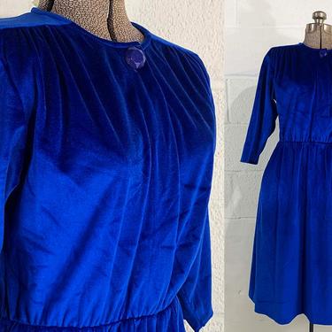 Vintage Royal Blue Velvet Dress Blair 90s 1990s 3/4 Sleeve Fit and Flare Party Holiday Cocktail New Year's Eve Large XL 