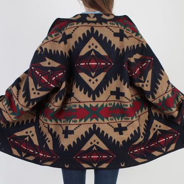 Vintage Pendleton Knockabouts Jacket / Womens Southwestern Blanket Jacket / Native American Navy Wool Barn Coat Large L 