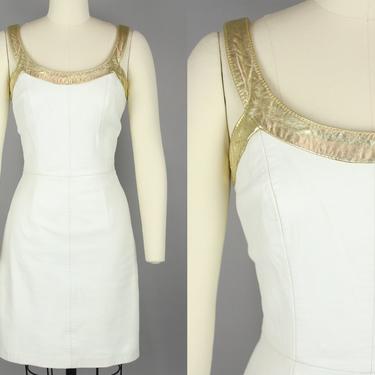 1980s North Beach Leather Dress · Vintage 80s White & Gold Leather Mini Dress · Small 