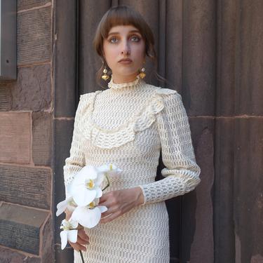 Vintage 60s Crochet Ivory Dress with Mutton Sleeves/ 1960s White Bridal Wedding Dress/ Bohemian Wedding/ Size XS Small 