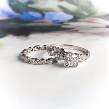 Art Deco Old European Cut Diamond Engagement and Wedding Ring Set Platinum Sz 5 