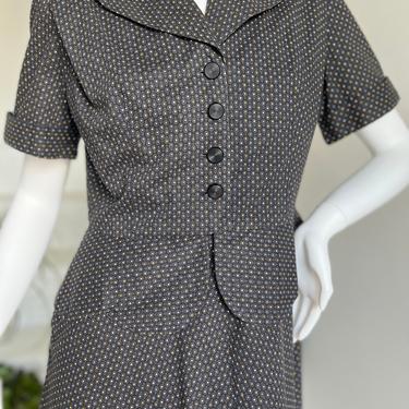 1940s Two Piece Sundress with Peplum Jacket Black Ditsy Print 36 Bust Vintage 