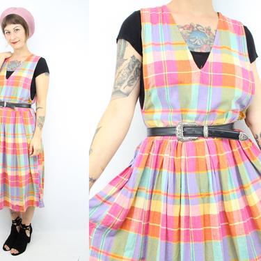 Vintage 80's 90's Rainbow Plaid Jumper Dress / 1980's Madras Plaid / Late Summer Smock Dress / Indian Cotton / Women's Size Small - Medium by Ru