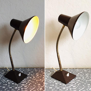 Brown Gooseneck Lamp, Vintage Metal Lamp, Mid Century Lighting, Retro Desk Lamp, Modernist Lamp, Student Lamp, Tabletop Gooseneck, Task Lamp 