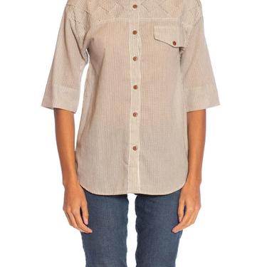 1980S Beige  White Cotton Blend Shirt With Cool Pleated Shoulders 