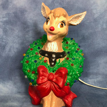 Vintage Ceramic Christmas Tree Deer Light, Bulb Wreath Kitsch 1970s 