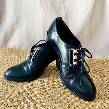 Leather Lace Up Brogues, Block Heel, Oxfords, Preppy, Vintage 90s 