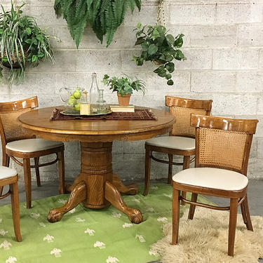 LOCAL PICKUP ONLY Vintage Dining Table 1980s Brown Wood Circular Dining Room Table With Lions Feet Leaf Wood Grain and Carved Details 