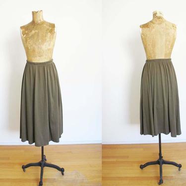 Vintage 80s Jersey Midi Skirt XS S - Elastic High Waist  Skirt - 1980s Olive Green Long Soft Skirt - Solid Color - Minimalist - Earth Tone 