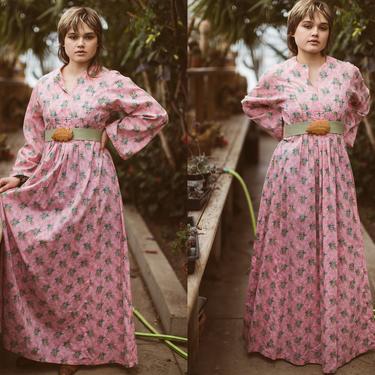 Vintage Pink Floral Dress, Long Sleeve Maxi Dress, Handmade Cotton Dress, 1970s Dress, Modest 