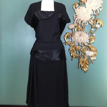 1940s cocktail dress, black crepe dress, vintage 40s dress, film noir style, draped satin dress, size medium, old Hollywood glamour, 28 29 