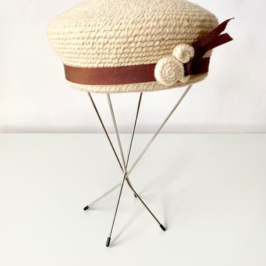 Vintage Hat - Everitt Needlepoint Original - Beige Hat - Beret Style Hat - Fall Hat - Winter Hat 