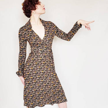 1970s Diane Von Furstenberg Wrap Dress / 70s Long Sleeved Floral Print Dress / Designer Vintage DVF 