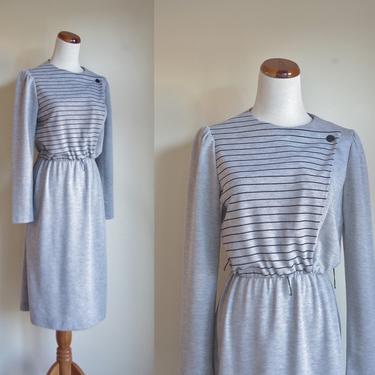 Vintage Jersey Dress, Gray Jersey Dress, Black Striped Dress, Long Sleeve Dress, Stripe Dress, 1980s Dress, 80s Winter Dress, Medium 