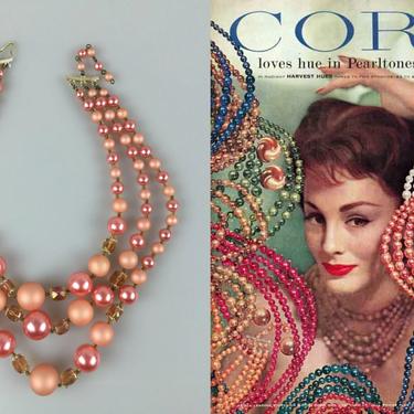 Bahamas Bound at Sunset  - Vintage 1950s 1960s Tones of Flamingo Coral Pink Pearl Beads 3 Strand Necklace 