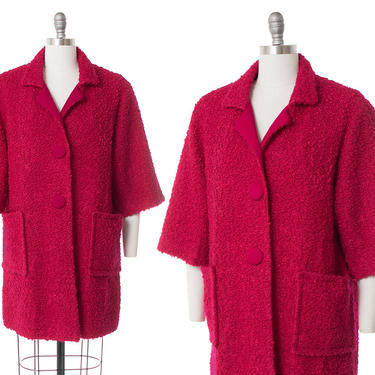 Vintage 1960s Swing Coat | 60s Hot Pink Bouclé Wool Jacket (large) 