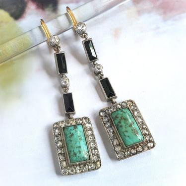 Art Deco Turquoise Onyx Diamond Drop Earrings Platinum 18k 