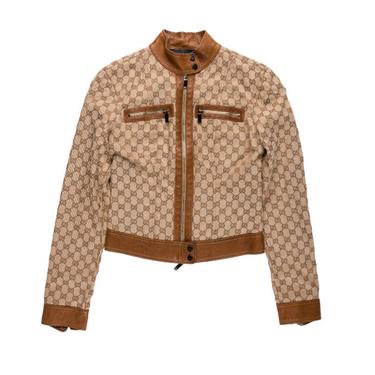 Vintage Rare GUCCI GG MONOGRAM Supreme Womens Leather Trim Moto Jacket Bomber Blouse Shirt Blazer top 38 Xs / S 