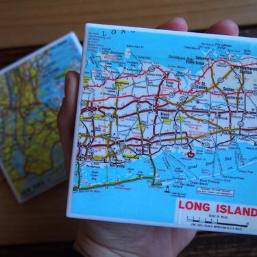 1975 Long Island New York Map Coaster Set of 2. Long Island Map. Vintage New York Coasters. NYC Map. Brooklyn Gift. Travel Décor. Manhattan. 