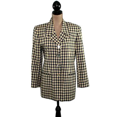 Cream Navy Gingham Blazer Women, Blue &amp; White Check Jacket, Rayon Long Fitted, Lightweight Spring Summer, 1990s Clothes 90s Vintage Clothing 