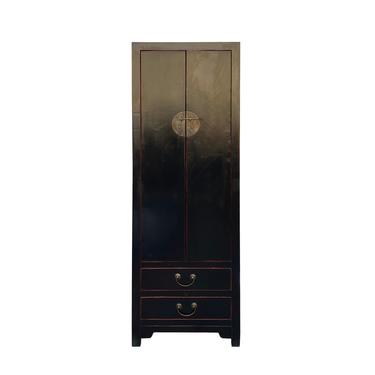 Chinese Oriental Distressed Black Lacquer MoonFace Slim Storage Cabinet cs7177E 
