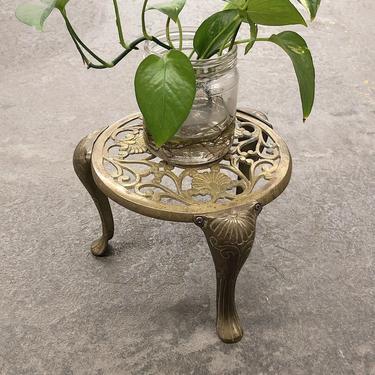 Vintage Brass Stand Retro 1960s Small Sized Brass Metal Plant Stand + Table + Pedestal + 3 Legs + Mid Century + Carved + Brass + Home Decor 
