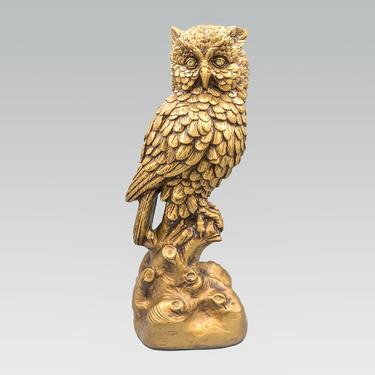 Jaru Art Products Chalkware Gold Owl Statue | Mid Century Ceramic Animal Figurine | Vintage California Pottery 
