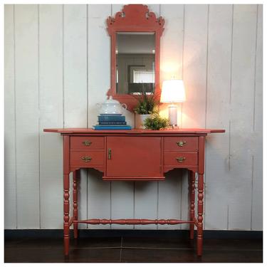 Oblong Foyer Table with Chippendale Style Mirror, Painted Coral 