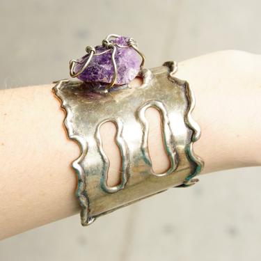 Vintage Brutalist Sterling Silver Amethyst Cuff Bracelet, Large Raw Amethyst Stone In Wire Wrapped Setting, Chunky Silver Cuff, Artisan 