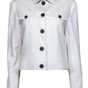 Neiman Marcus - White Cotton Cropped Jacket w/ Brown Buttons & Trim Sz 6