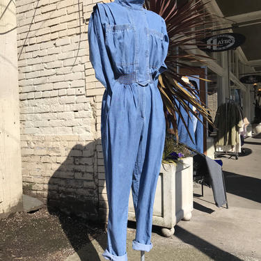 80’s full denim jumpsuit ~ onsies Coverall style~ cinched waist Mom jeans~ high waisted~ military inspired New wave~ 1980’s unique 