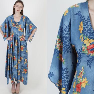 Vintage 70s Bright Floral Dress / Blue Angel Bell Sleeve / Tie Bodice Hanky Hem Maxi / 1970s Vintage 70s Kimono Festival Maxi Dress 