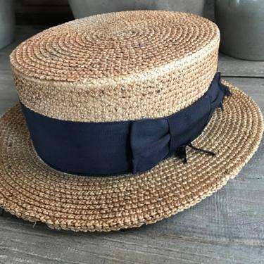 French Straw Boater Hat, Antique, Black Ribbon Bow, Prop, Made in France 