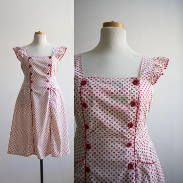 1950s Cotton Wiggle Dress / Red and White Polka Dot Dress / 1950s Plus Sized Dress / 50s Day Dress XL / 50s Cocktail Dress XL / True Vintage 