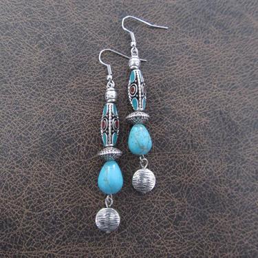 Long ethnic earrings Indonesian earrings, unique earrings, turquoise and silver gypsy earrings, Tibet, Nepal, India exotic earrings 