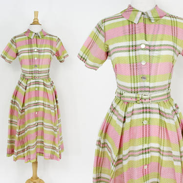 1950s Pink Plaid Cotton Dress | Pink &amp; Green Plaid Dress | Spring Plaid Dress 