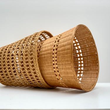 Two Wicker Rattan Waste Baskets | Mixed Set of 2 Vintage Wicker Wastebaskets | Woven Wicker Plant Holders 