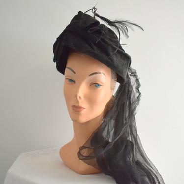 Antique Black Velvet Bicorn Hat with Silk Scarf and Feathers 