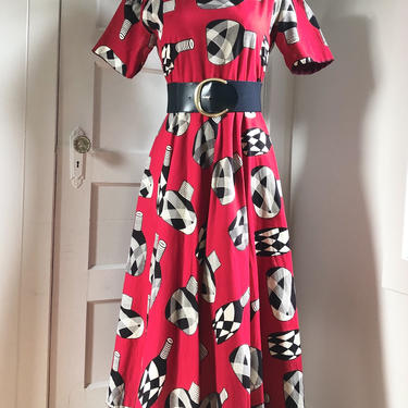Vintage Handmade Red White &amp; Black African Pottery Print Full Length Statement Dress- 100% Cotton- size L/XL 