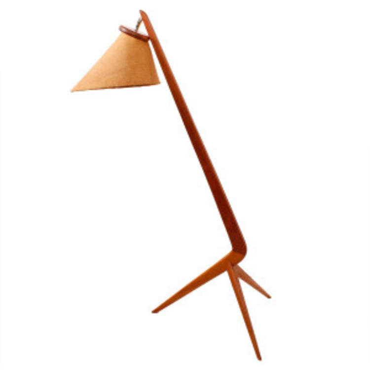Greta Grossman Grasshopper Style Tri-leg Teak Floor Lamp