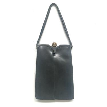 Vintage 1950s Charcoal Leather Handbag, Gray Mid-Century Top Handle Purse, Genuine Calfskin Dobbie Bags 