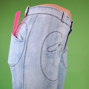 Vintage 70s wide leg hippie pants. Saddleback. Super soft. Crazy zig-zag stitching. By Global of CA. (30×29) 