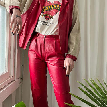 80s Red Leather & Linen Pant Suit