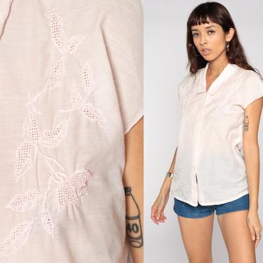 Pink Embroidered Blouse 80s Cut Out Top Boho Pastel Lace Shirt CUTWORK Sheer Top Button Up Vintage Bohemian Short Cap Sleeve Medium 