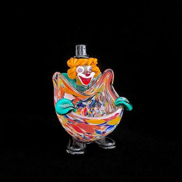 Vintage Mid Century Modern Italian Art Glass Murano Clown Figurine Bowl / Ashtray 6.5&quot; Tall Multi Color Whimsical Design 1960s / 1970s 
