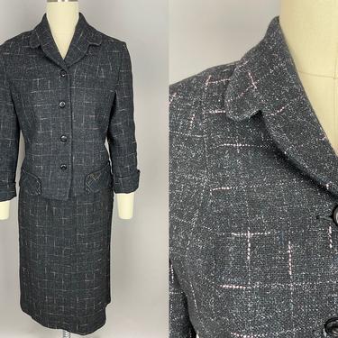 1960s Black with Pink Fleck Suit | Vintage 60s Skirt Suit with Cropped Jacket | small 