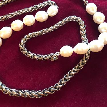 Chanel signed 1983 large chunky silver tone & faux baroque pearl chain necklace ~ long strand~ authentic Chanel jewelry made in France 